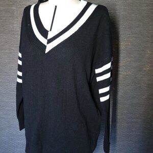Black and White V-neck oversized distressed sweater